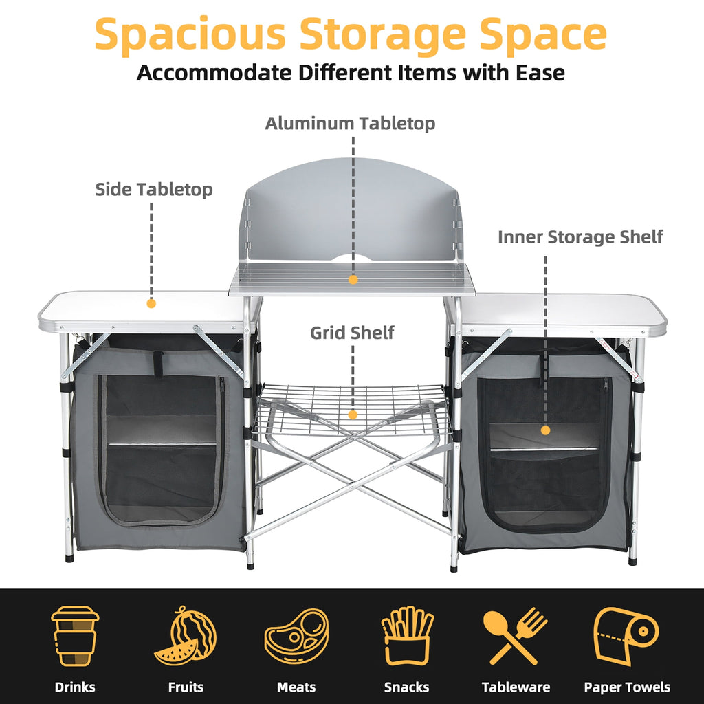 Ultimate Folding Portable Aluminum Camping Grill Table with Storage Organizer and Windscreen in Grey