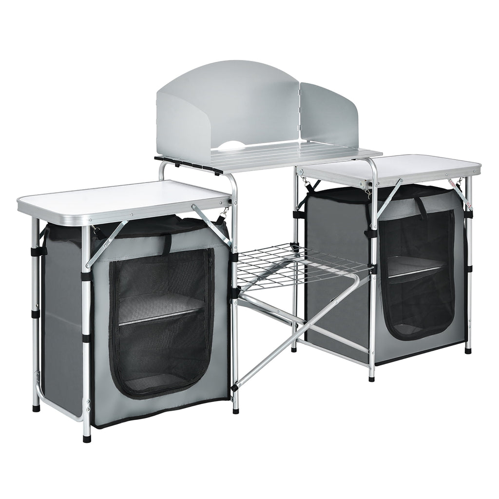 Ultimate Folding Portable Aluminum Camping Grill Table with Storage Organizer and Windscreen in Grey