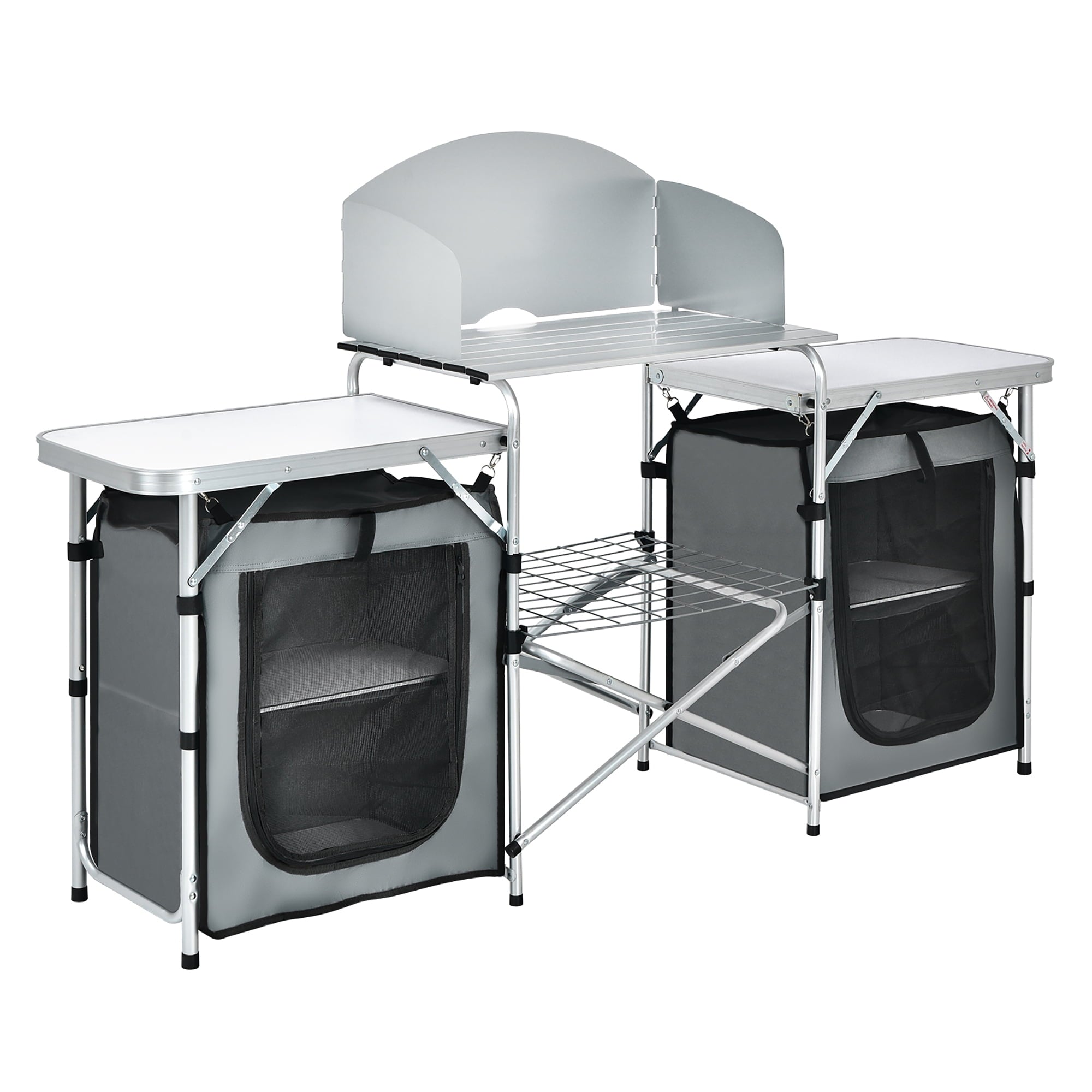 Ultimate Folding Portable Aluminum Camping Grill Table with Storage Organizer and Windscreen in Grey