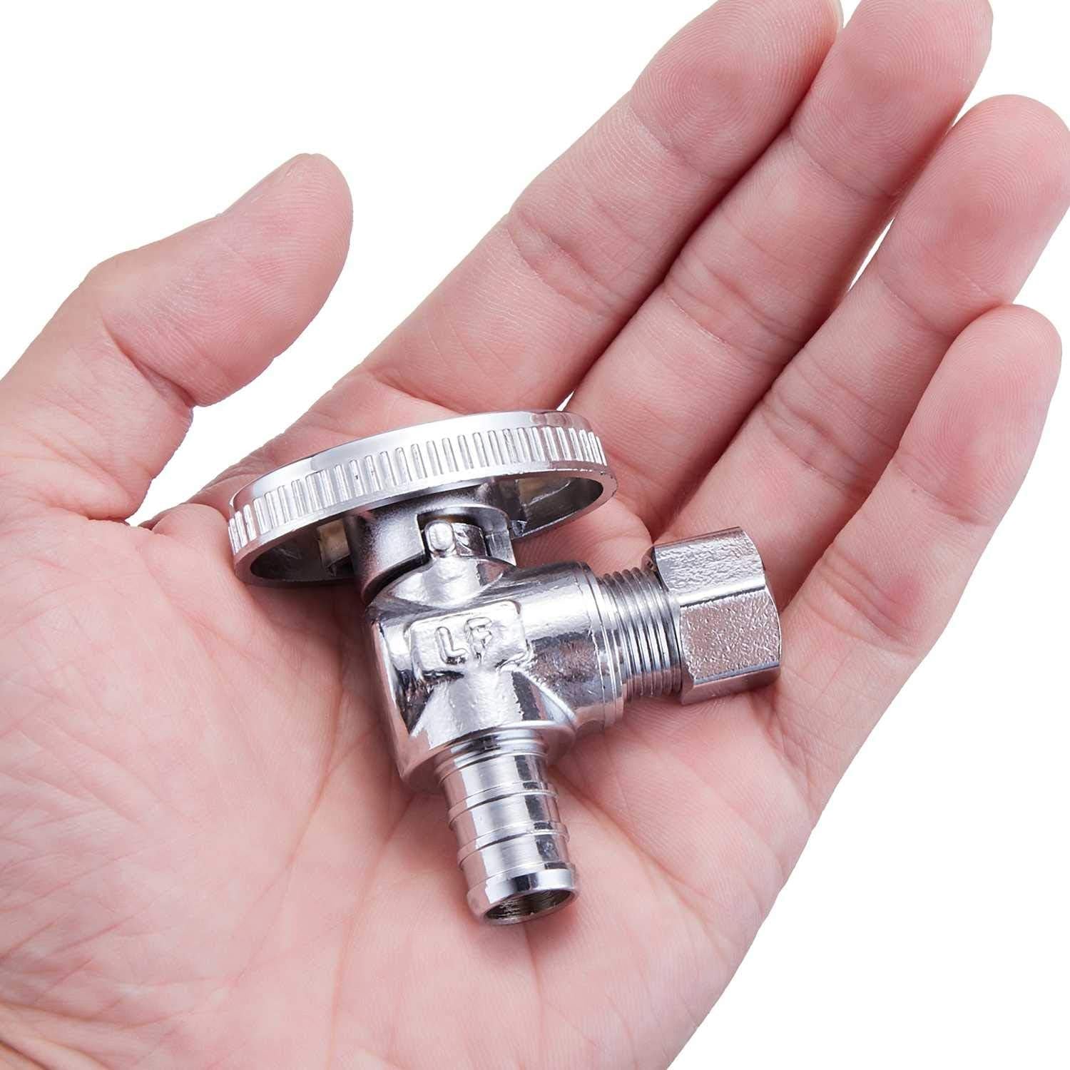 2 Pack Premium Lead-Free Brass 1/2 Inch Pex X 3/8 Inch OD Compression Quarter Turn Angle Stop Valve with 2 PCS PEX Clamp Ring