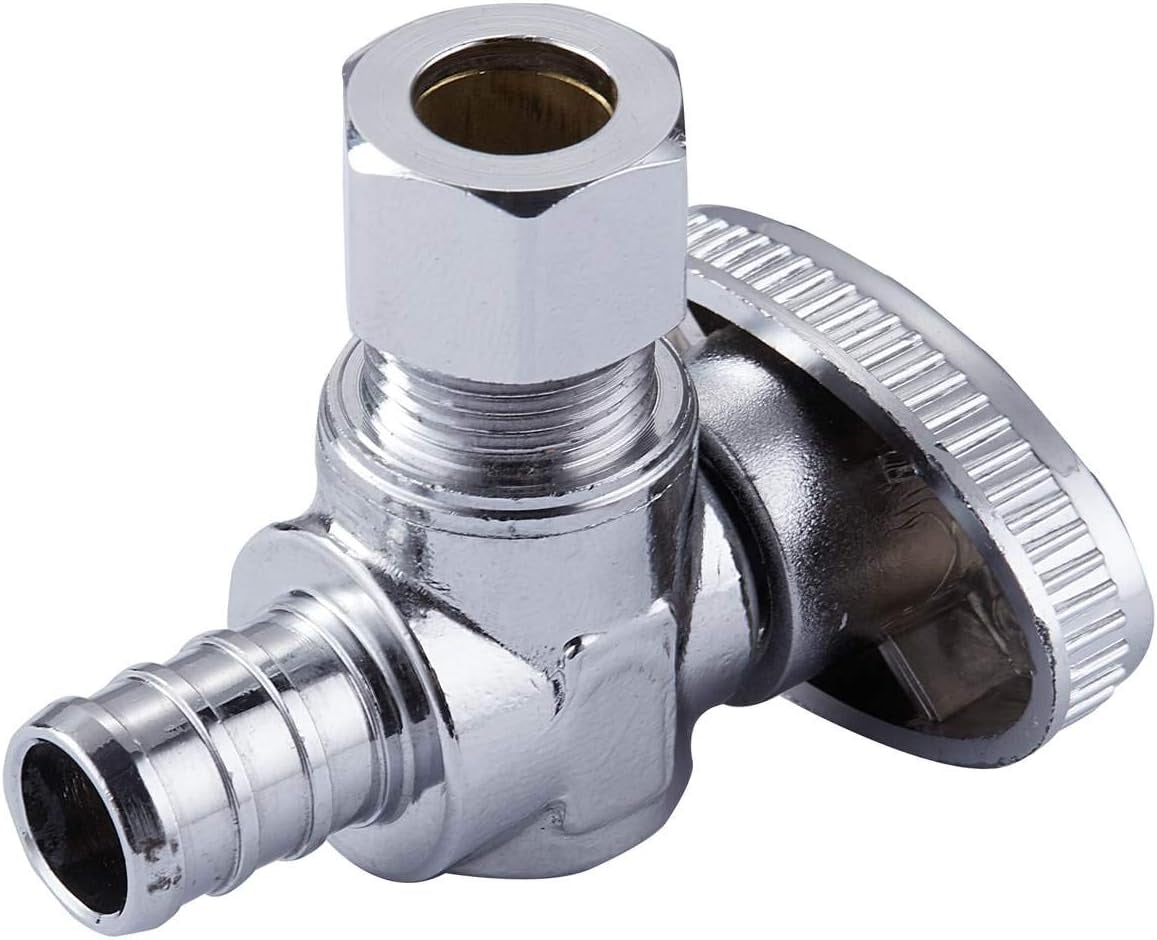 2 Pack Premium Lead-Free Brass 1/2 Inch Pex X 3/8 Inch OD Compression Quarter Turn Angle Stop Valve with 2 PCS PEX Clamp Ring