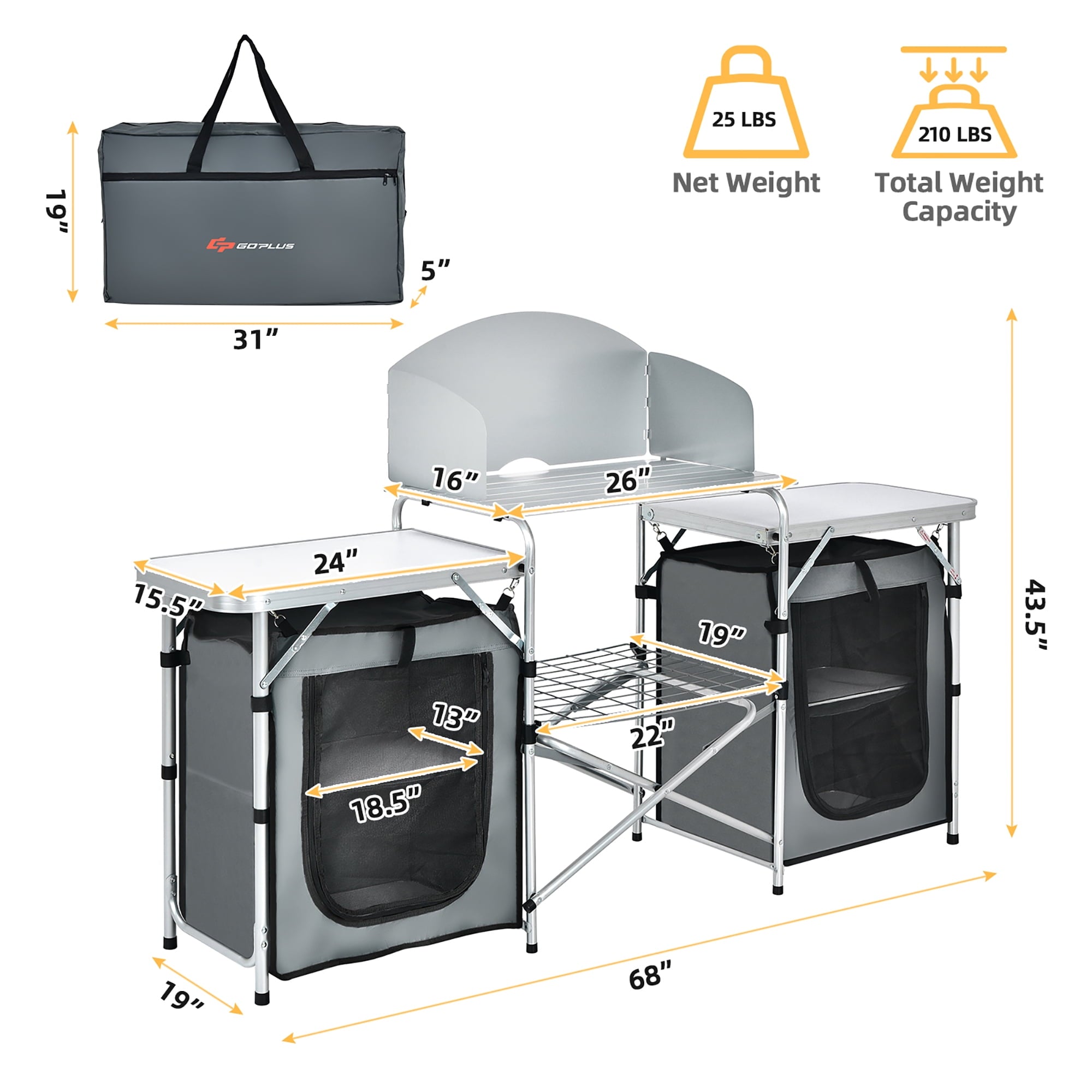 Ultimate Folding Portable Aluminum Camping Grill Table with Storage Organizer and Windscreen in Grey