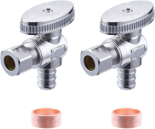 2 Pack Premium Lead-Free Brass 1/2 Inch Pex X 3/8 Inch OD Compression Quarter Turn Angle Stop Valve with 2 PCS PEX Clamp Ring