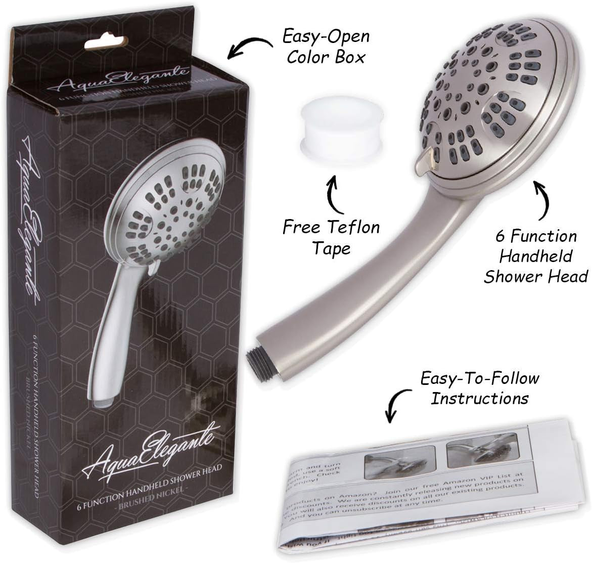 6 Function Luxury Handheld Shower Head - Adjustable High Pressure Rainfall Spray with Removable Hand Held Rain Showerhead for the Bathroom, 2.5 GPM - Brushed Nickel